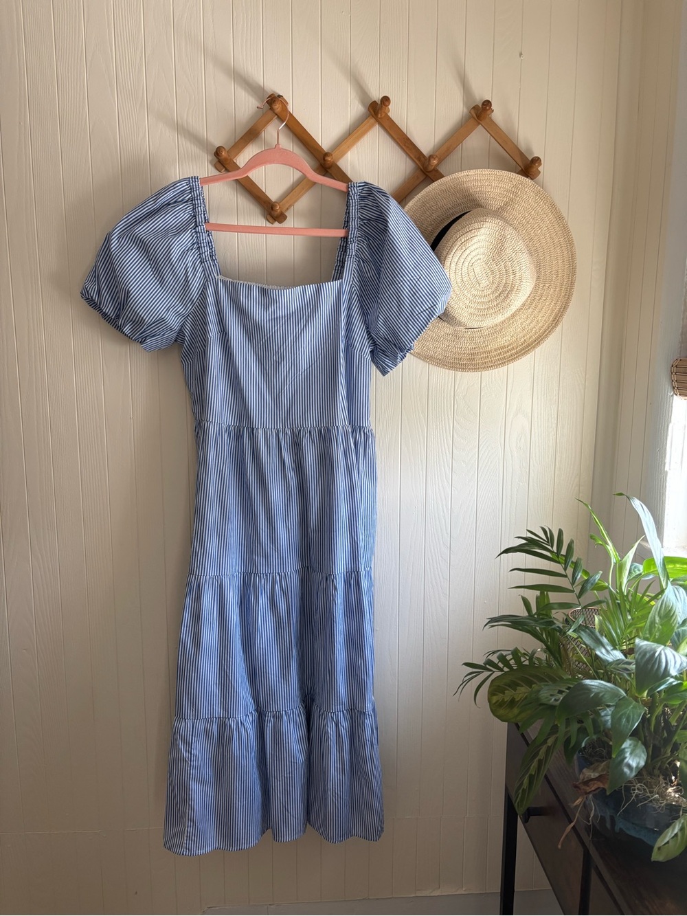 Blue Stripe Puff-Sleeve Midi Dress